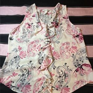 White House Black Market Pink and Gray Paisley Ruffle Sleeveless Blouse